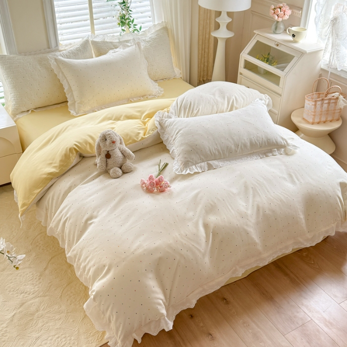 91家纺网 家纺一手货源 找家纺 苏米娜家纺2025韩版复古花边针织棉双层纱四件套A类母婴级有氧双层纱针织棉亲肤小清新印花 印花奶白波点