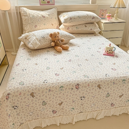 91家纺网 家纺一手货源 找家纺 （总）花边床盖三件套全棉纯棉四季通用夹棉加厚防滑绗缝不起皱床单单件