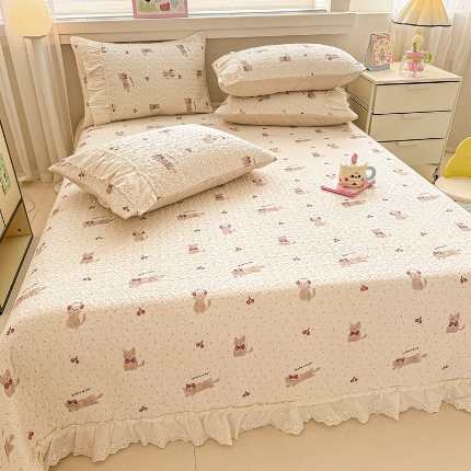 91家纺网 家纺一手货源 找家纺 （总）花边床盖三件套全棉纯棉四季通用夹棉加厚防滑绗缝不起皱床单单件