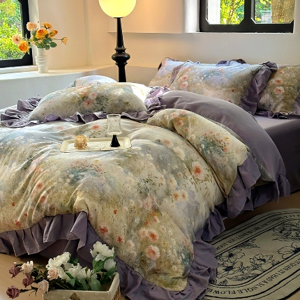 91家纺网 家纺一手货源 找家纺 （总）【苏东来】2025高端韩版法式花边蕾丝纯棉全棉双层纱四件套复古赫本公主风浪漫荷叶边田园花卉全棉纯棉四件套被套床单少女床上用品