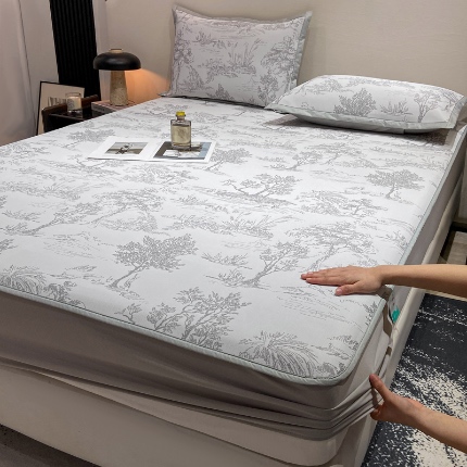 蝶帕家纺 2025新品A类PE高分子乙纶复合三明治提花冰丝席 林间秘境-灰 床笠