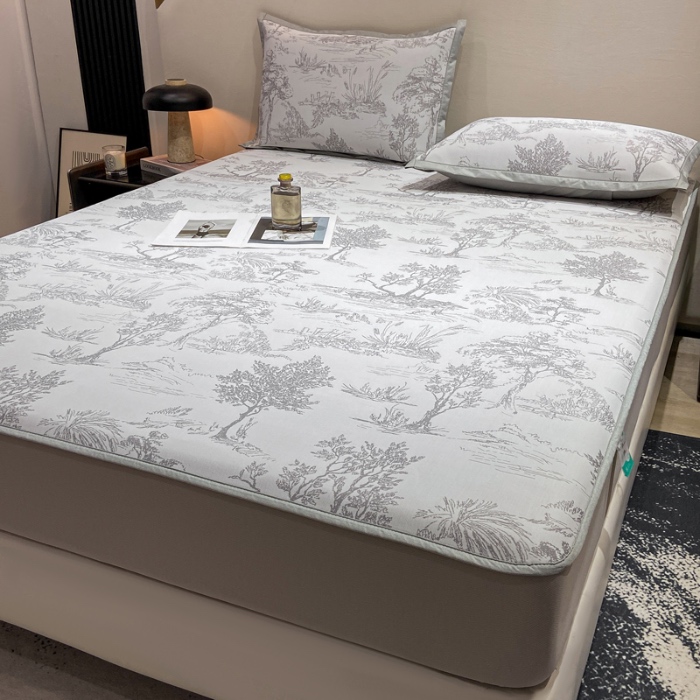 91家纺网 家纺一手货源 找家纺 蝶帕家纺 2025新品A类PE高分子乙纶复合三明治提花冰丝席 林间秘境-灰 床笠