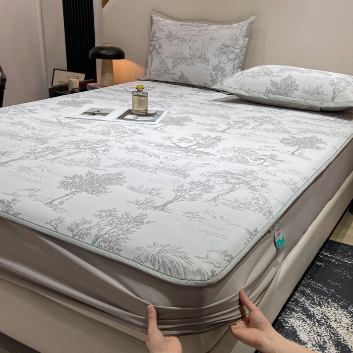 91家纺网 家纺一手货源 找家纺 蝶帕家纺 2025新品A类PE高分子乙纶复合三明治提花冰丝席 林间秘境-灰 床笠