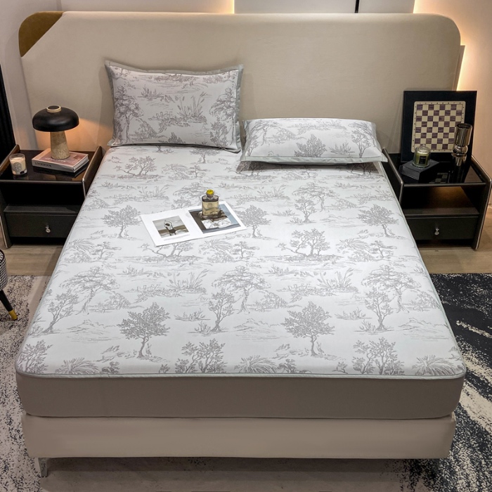 91家纺网 家纺一手货源 找家纺 蝶帕家纺 2025新品A类PE高分子乙纶复合三明治提花冰丝席 林间秘境-灰 床笠