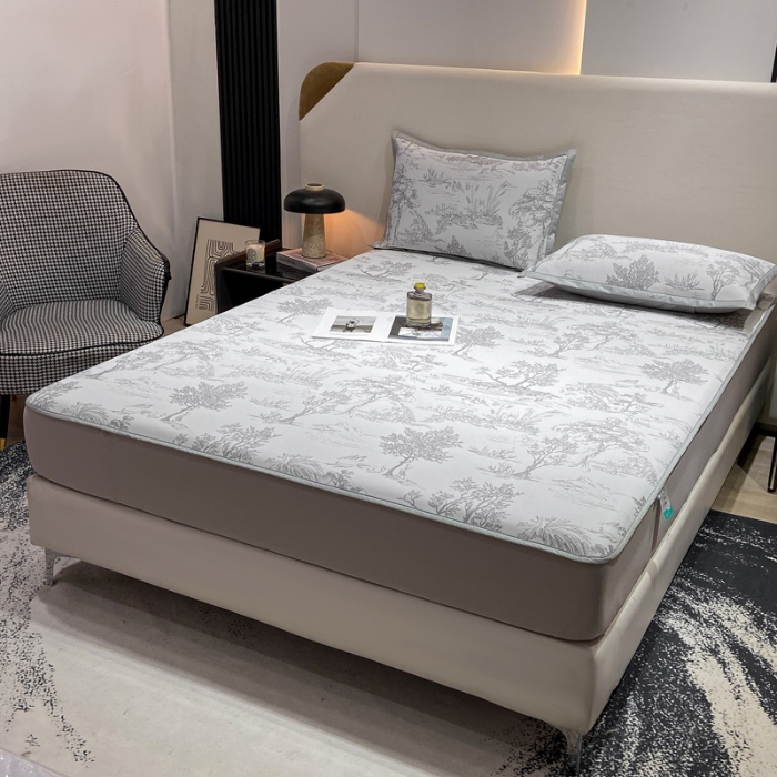 91家纺网 家纺一手货源 找家纺 蝶帕家纺 2025新品A类PE高分子乙纶复合三明治提花冰丝席 林间秘境-灰 床笠