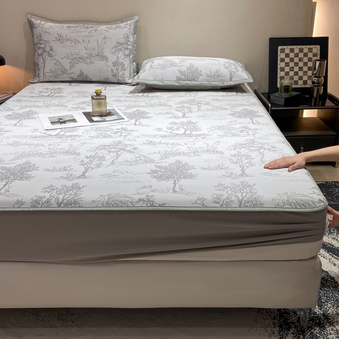 91家纺网 家纺一手货源 找家纺 蝶帕家纺 2025新品A类PE高分子乙纶复合三明治提花冰丝席 林间秘境-灰 床笠