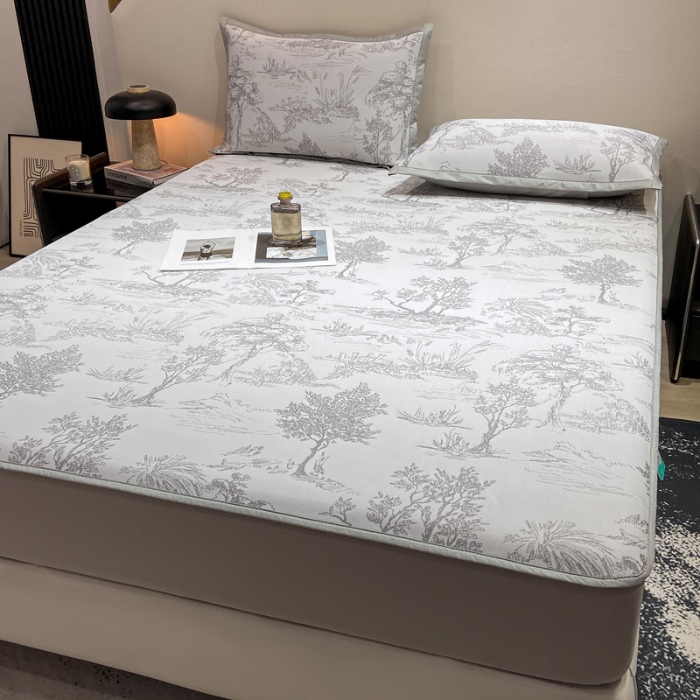 91家纺网 家纺一手货源 找家纺 蝶帕家纺 2025新品A类PE高分子乙纶复合三明治提花冰丝席 林间秘境-灰 床笠