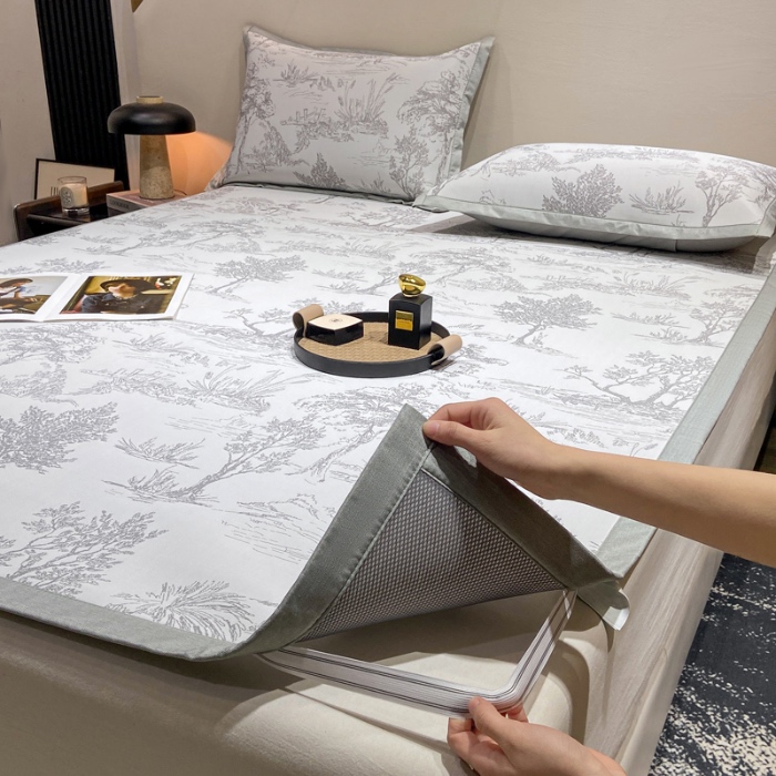 91家纺网 家纺一手货源 找家纺 蝶帕家纺 2025新品A类PE高分子乙纶复合三明治提花冰丝席 林间秘境-灰 床席