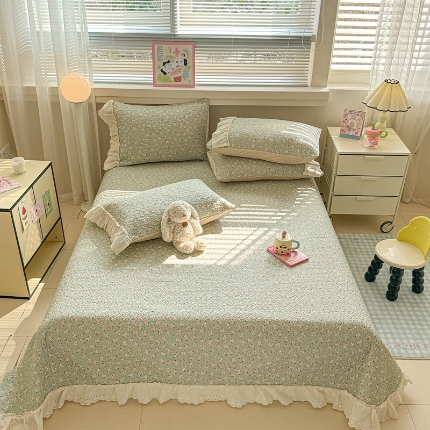 91家纺网 家纺一手货源 找家纺 （总）韩式公主风花边夹棉床盖三件套四季通用水洗棉榻榻米床单单件炕盖