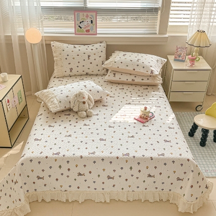 91家纺网 家纺一手货源 找家纺 （总）韩式公主风花边夹棉床盖三件套四季通用水洗棉榻榻米床单单件炕盖