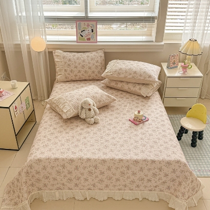 91家纺网 家纺一手货源 找家纺 （总）韩式公主风花边夹棉床盖三件套四季通用水洗棉榻榻米床单单件炕盖