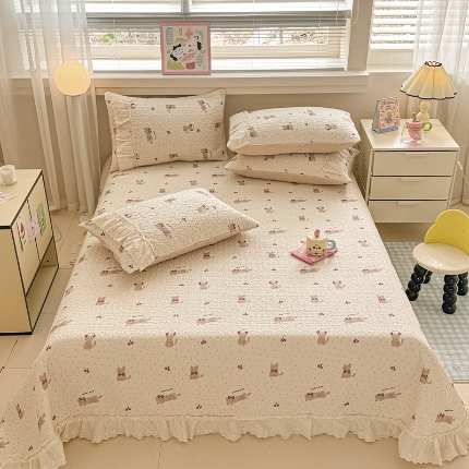 91家纺网 家纺一手货源 找家纺 （总）韩式公主风花边夹棉床盖三件套四季通用水洗棉榻榻米床单单件炕盖