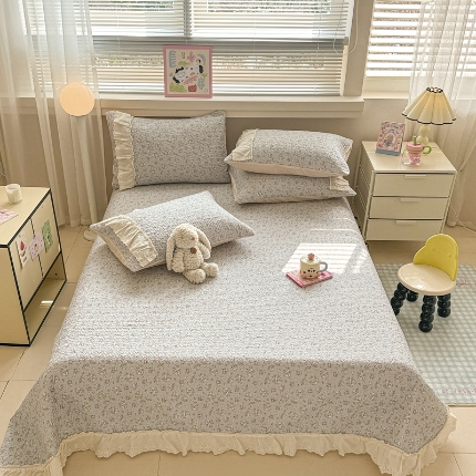 91家纺网 家纺一手货源 找家纺 （总）韩式公主风花边夹棉床盖三件套四季通用水洗棉榻榻米床单单件炕盖