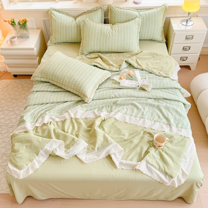 91家纺网 家纺一手货源 找家纺 【苏东来】2025小清新韩版印花蕾丝花边皱皱棉工艺款拼接单夏被四件套韩式赫本碎花荷叶边夏凉被子空调被双人春秋被可水洗 香草