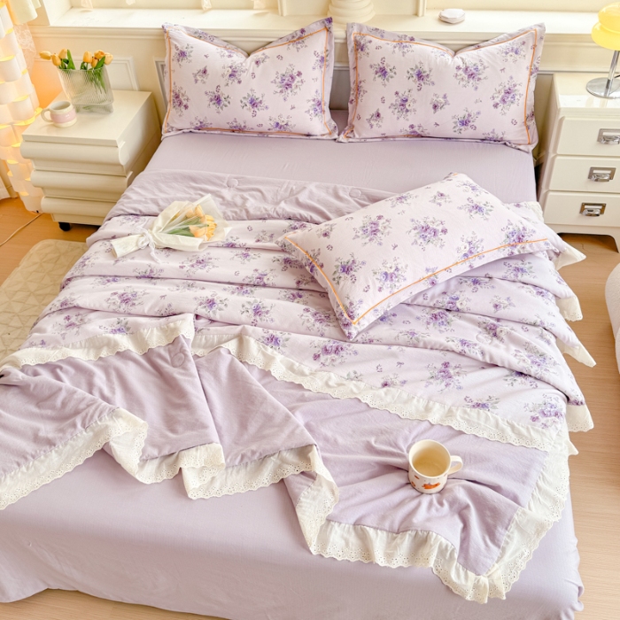 91家纺网 家纺一手货源 找家纺 【苏东来】2025小清新韩版印花蕾丝花边皱皱棉工艺款拼接单夏被四件套韩式赫本碎花荷叶边夏凉被子空调被双人春秋被可水洗 铃萝