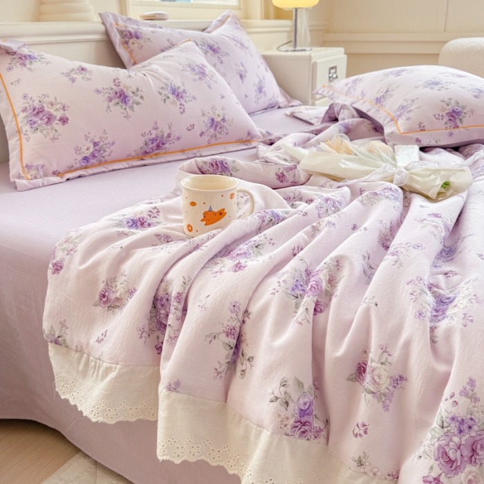 91家纺网 家纺一手货源 找家纺 【苏东来】2025小清新韩版印花蕾丝花边皱皱棉工艺款拼接单夏被四件套韩式赫本碎花荷叶边夏凉被子空调被双人春秋被可水洗 铃萝