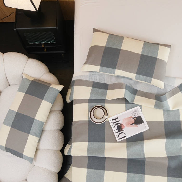 91家纺网 家纺一手货源 找家纺 慕绸家纺（原萌宝老粗布厂家） 2025新款老粗布老帆布空调软凉席原棉粗纱系列床单三件套 苏格蓝