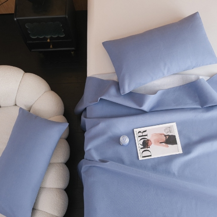 慕绸家纺（原萌宝老粗布厂家） 2025新款老粗布老帆布空调软凉席原棉粗纱系列床单三件套 冰岛蓝