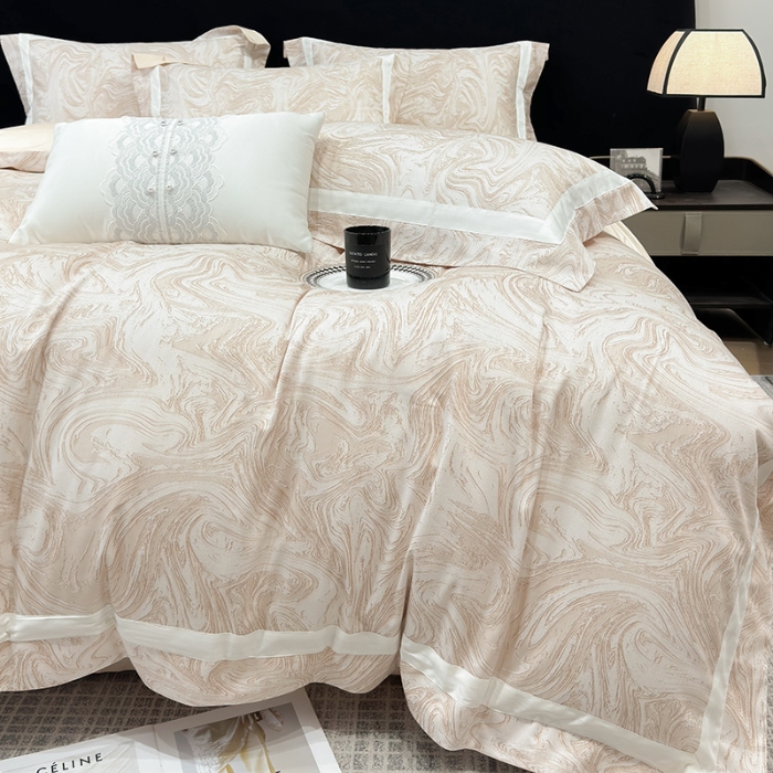 91家纺网 家纺一手货源 找家纺 春夏新品50*50S贡缎长绒棉活性数码印花四件套纯棉床单床笠高档礼盒装 咖啡金-铂金时代-贡缎长绒