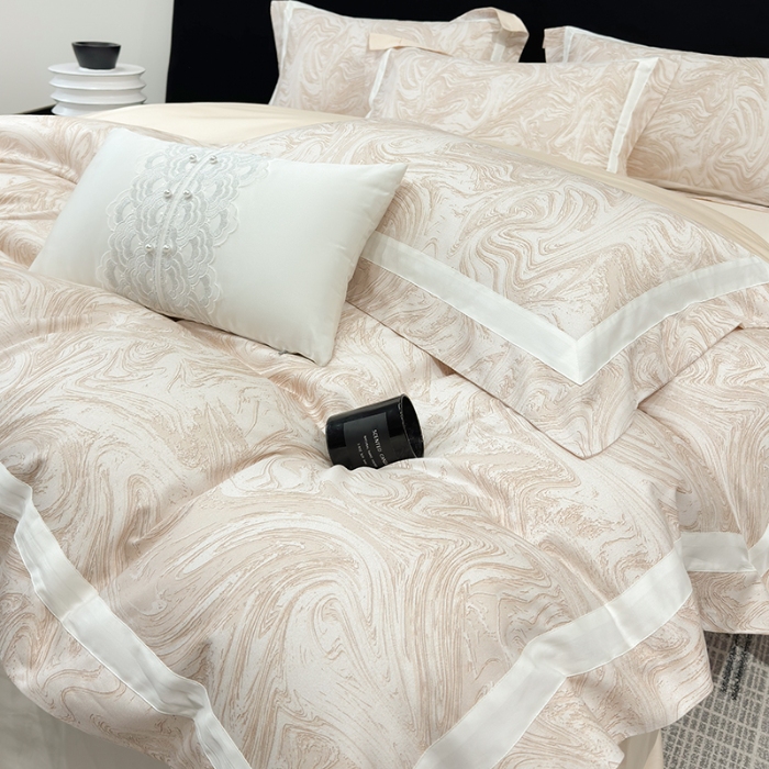 91家纺网 家纺一手货源 找家纺 春夏新品50*50S贡缎长绒棉活性数码印花四件套纯棉床单床笠高档礼盒装 咖啡金-铂金时代-贡缎长绒