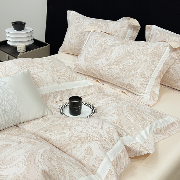 91家纺网 家纺一手货源 找家纺 春夏新品50*50S贡缎长绒棉活性数码印花四件套纯棉床单床笠高档礼盒装 咖啡金-铂金时代-贡缎长绒