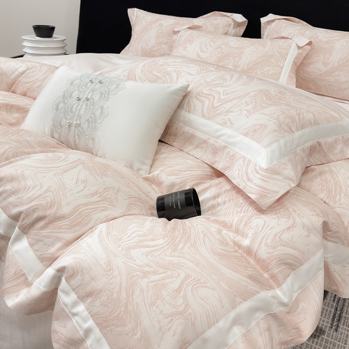 91家纺网 家纺一手货源 找家纺 春夏新品50*50S贡缎长绒棉活性数码印花四件套纯棉床单床笠高档礼盒装 樱花粉-铂金时代-贡缎长绒