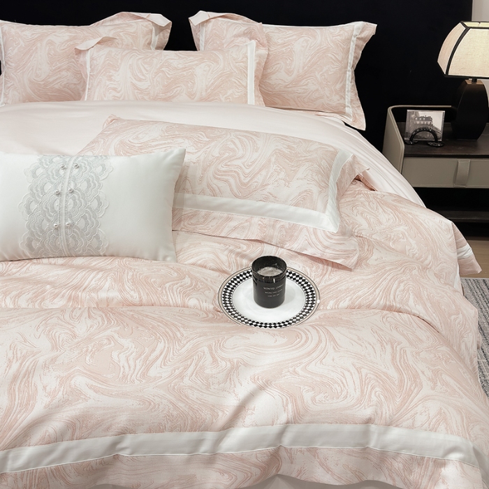 91家纺网 家纺一手货源 找家纺 春夏新品50*50S贡缎长绒棉活性数码印花四件套纯棉床单床笠高档礼盒装 樱花粉-铂金时代-贡缎长绒