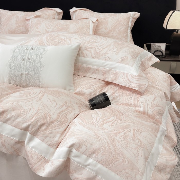 91家纺网 家纺一手货源 找家纺 春夏新品50*50S贡缎长绒棉活性数码印花四件套纯棉床单床笠高档礼盒装 樱花粉-铂金时代-贡缎长绒