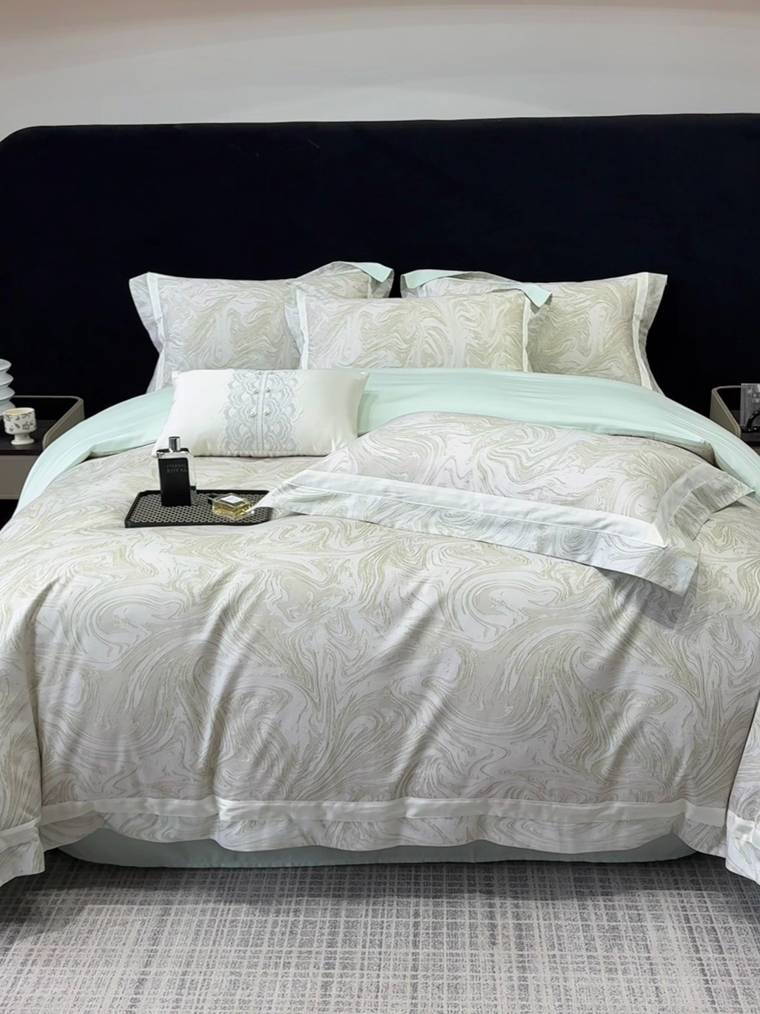 91家纺网 家纺一手货源 找家纺 春夏新品50*50S贡缎长绒棉活性数码印花四件套纯棉床单床笠高档礼盒装 清新绿-铂金时代-贡缎长绒