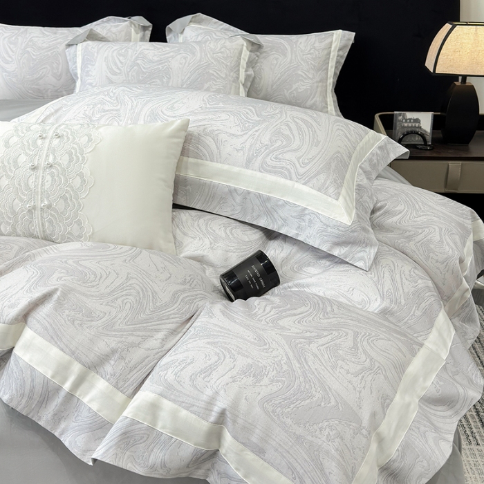 91家纺网 家纺一手货源 找家纺 春夏新品50*50S贡缎长绒棉活性数码印花四件套纯棉床单床笠高档礼盒装 银灰-铂金时代-贡缎长绒