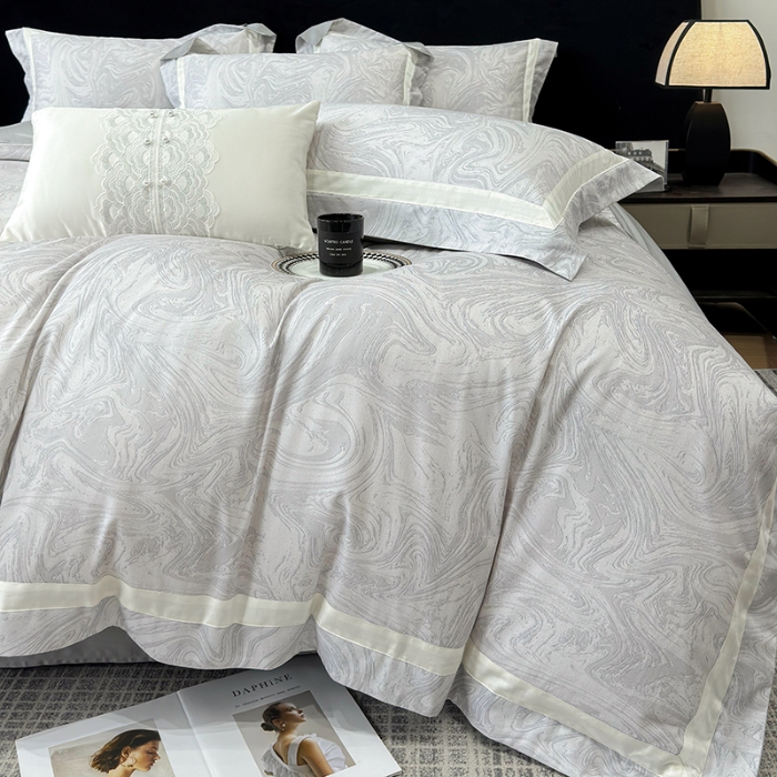 91家纺网 家纺一手货源 找家纺 春夏新品50*50S贡缎长绒棉活性数码印花四件套纯棉床单床笠高档礼盒装 银灰-铂金时代-贡缎长绒