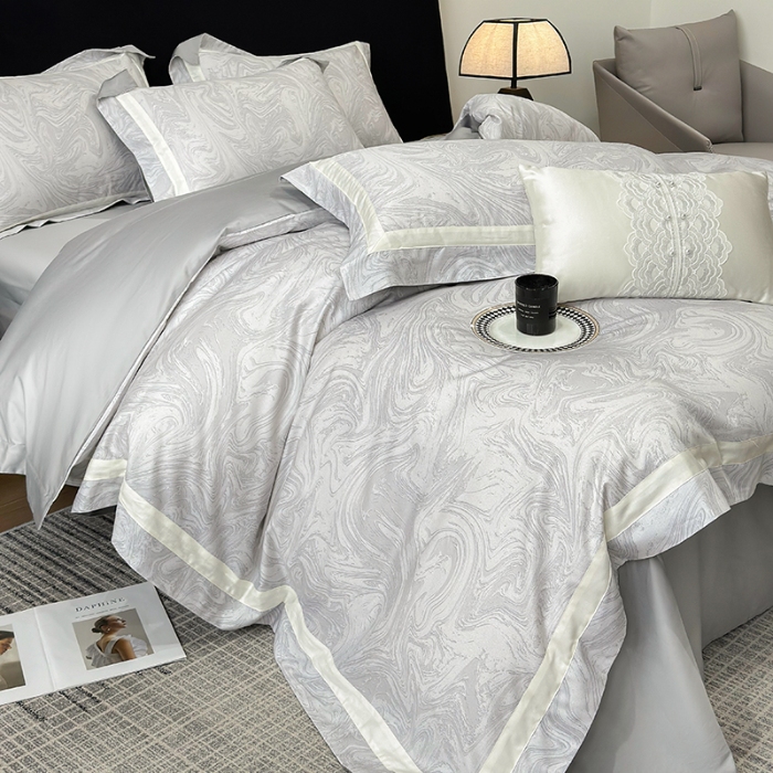 91家纺网 家纺一手货源 找家纺 春夏新品50*50S贡缎长绒棉活性数码印花四件套纯棉床单床笠高档礼盒装 银灰-铂金时代-贡缎长绒