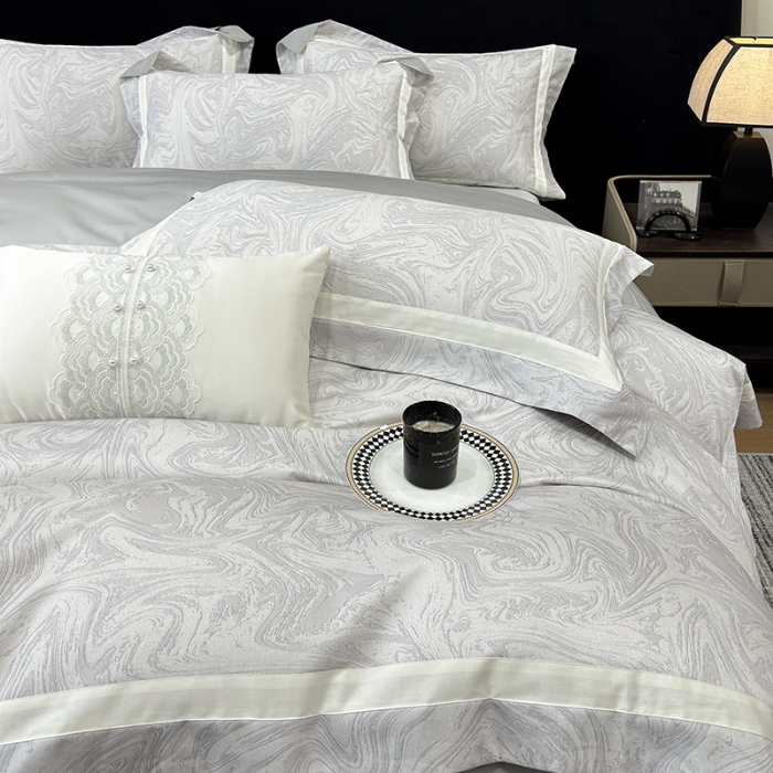 91家纺网 家纺一手货源 找家纺 春夏新品50*50S贡缎长绒棉活性数码印花四件套纯棉床单床笠高档礼盒装 银灰-铂金时代-贡缎长绒