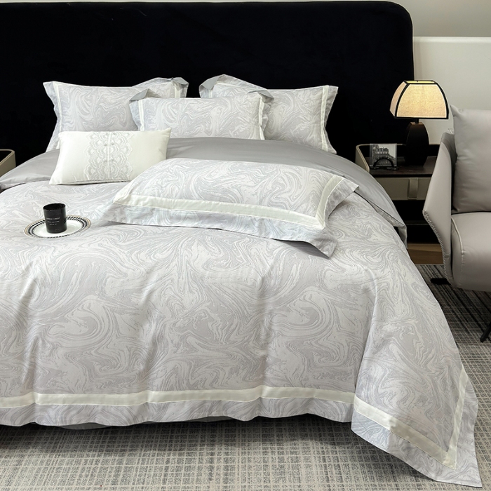 91家纺网 家纺一手货源 找家纺 春夏新品50*50S贡缎长绒棉活性数码印花四件套纯棉床单床笠高档礼盒装 银灰-铂金时代-贡缎长绒