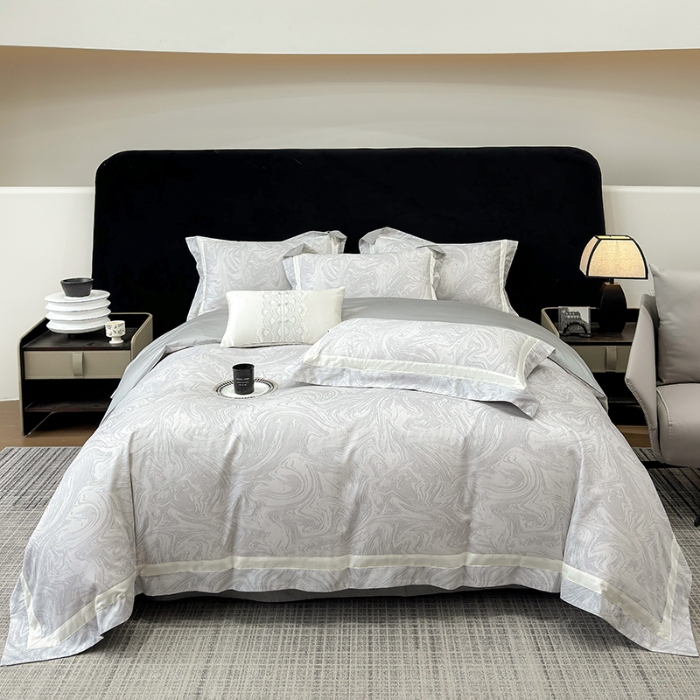 91家纺网 家纺一手货源 找家纺 春夏新品50*50S贡缎长绒棉活性数码印花四件套纯棉床单床笠高档礼盒装 银灰-铂金时代-贡缎长绒