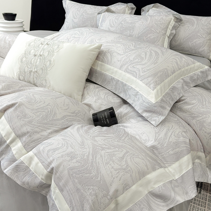 91家纺网 家纺一手货源 找家纺 春夏新品50*50S贡缎长绒棉活性数码印花四件套纯棉床单床笠高档礼盒装 银灰-铂金时代-贡缎长绒
