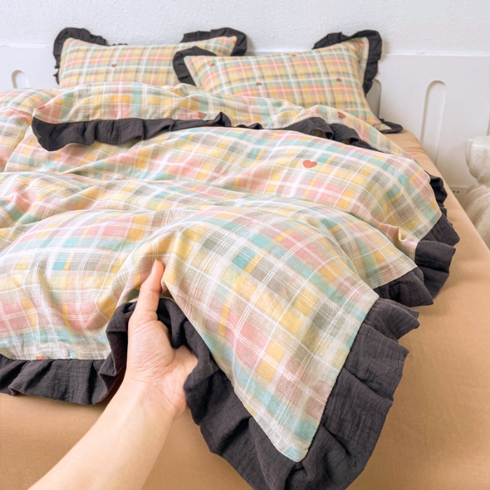 91家纺网 家纺一手货源 找家纺 （总）【苏东来】2025韩版蕾丝花边纯棉全棉双层纱四件套全棉纯棉小碎花印花四件套法式赫本公主风韩系皱皱纱花边四件套针织棉四件套件