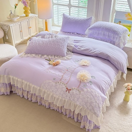 91家纺网 家纺一手货源 找家纺 （总）2025春夏新品韩版公主风超柔水洗棉床盖四件套刺绣针织棉双层纱纯棉棉麻全棉公主风床盖款四件套