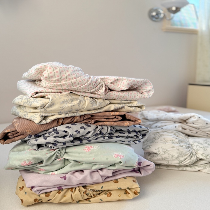 91家纺网 家纺一手货源 找家纺 金丝鸟 2025春夏新款全棉纯棉双层纱床笠 床笠单件 组合图仅供展示