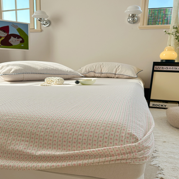 91家纺网 家纺一手货源 找家纺 金丝鸟 2025春夏新款全棉纯棉双层纱床笠 床笠单件 粉色小花