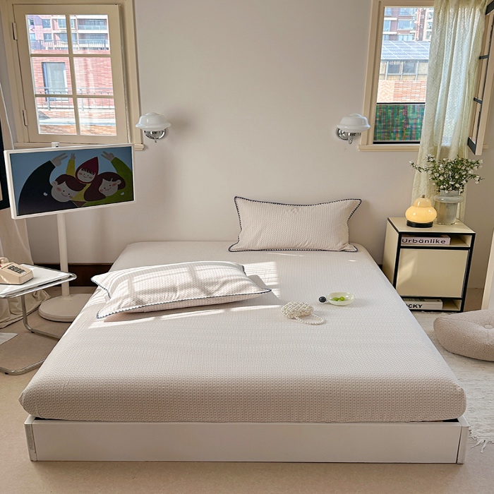 91家纺网 家纺一手货源 找家纺 金丝鸟 2025春夏新款全棉纯棉双层纱床笠 床笠单件 粉色小花