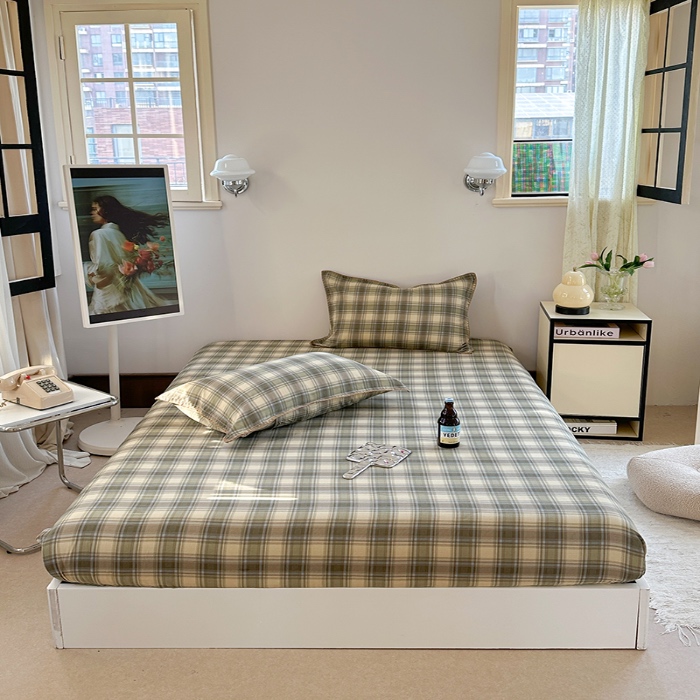 91家纺网 家纺一手货源 找家纺 金丝鸟 2025春夏新款全棉纯棉双层纱床笠 床笠单件 轨迹绿格