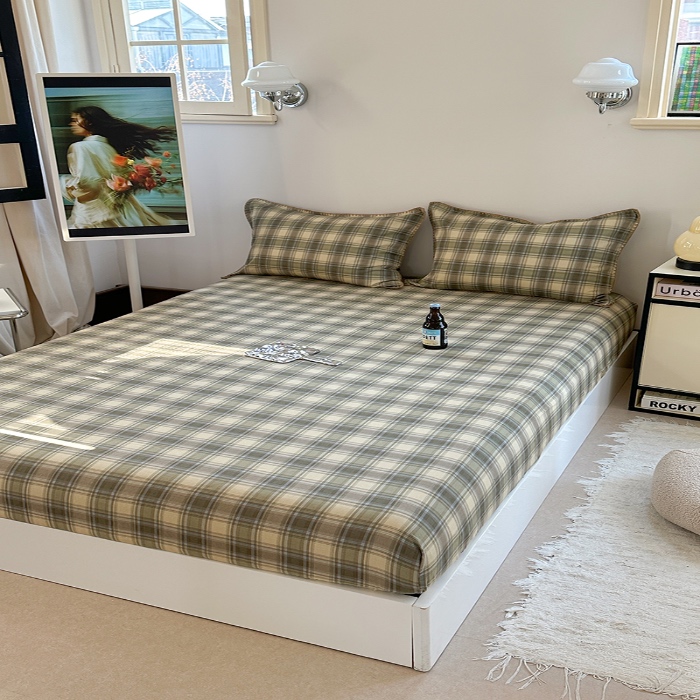 91家纺网 家纺一手货源 找家纺 金丝鸟 2025春夏新款全棉纯棉双层纱床笠 床笠单件 轨迹绿格