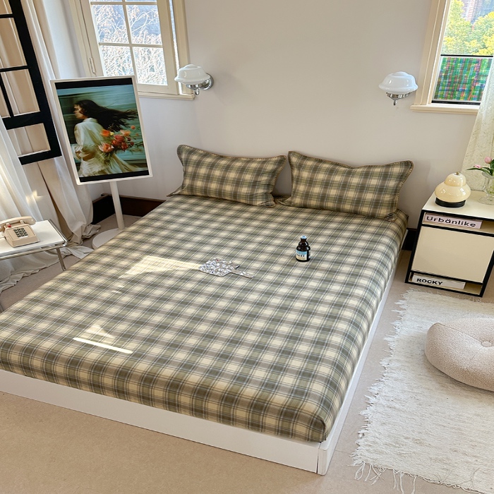 91家纺网 家纺一手货源 找家纺 金丝鸟 2025春夏新款全棉纯棉双层纱床笠 床笠单件 轨迹绿格