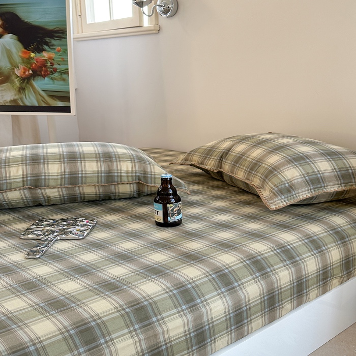 91家纺网 家纺一手货源 找家纺 金丝鸟 2025春夏新款全棉纯棉双层纱床笠 床笠单件 轨迹绿格