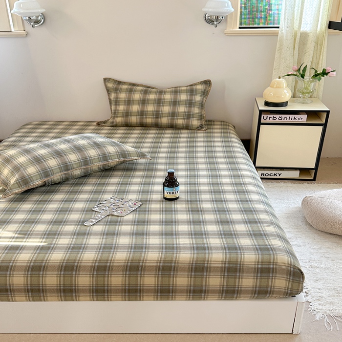 91家纺网 家纺一手货源 找家纺 金丝鸟 2025春夏新款全棉纯棉双层纱床笠 床笠单件 轨迹绿格