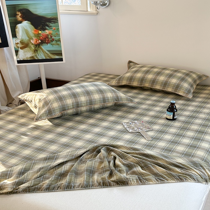 91家纺网 家纺一手货源 找家纺 金丝鸟 2025春夏新款全棉纯棉双层纱床笠 床笠单件 轨迹绿格