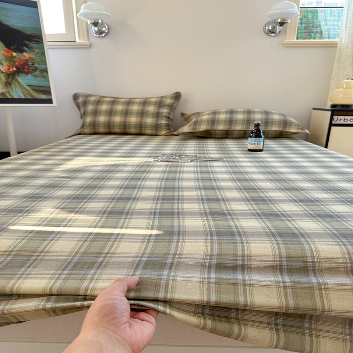 91家纺网 家纺一手货源 找家纺 金丝鸟 2025春夏新款全棉纯棉双层纱床笠 床笠单件 轨迹绿格