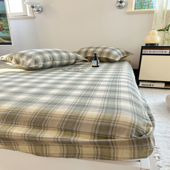 91家纺网 家纺一手货源 找家纺 金丝鸟 2025春夏新款全棉纯棉双层纱床笠 床笠单件 轨迹绿格