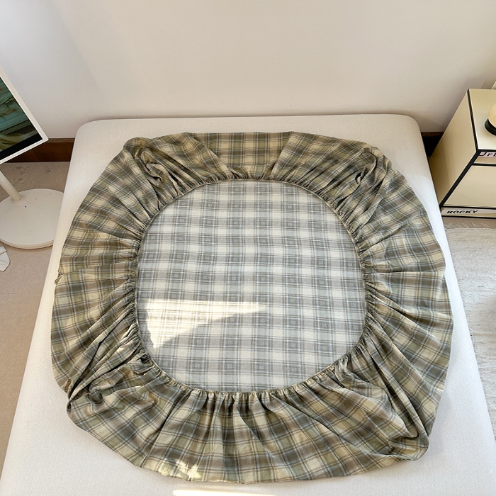 91家纺网 家纺一手货源 找家纺 金丝鸟 2025春夏新款全棉纯棉双层纱床笠 床笠单件 轨迹绿格